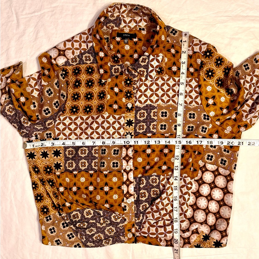 DREW Patchwork Print Gathered Front Button Up Blo… - image 10